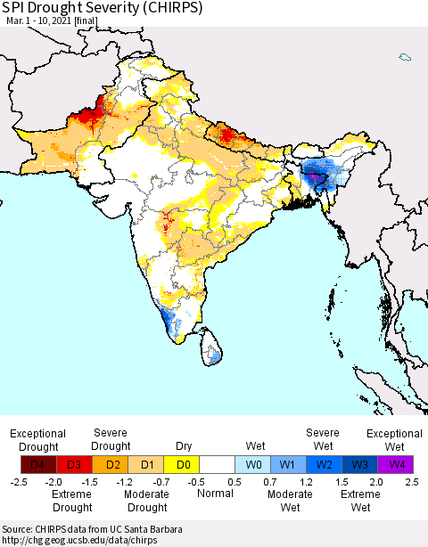 Southern Asia SPI Drought Severity (CHIRPS) Thematic Map For 3/1/2021 - 3/10/2021