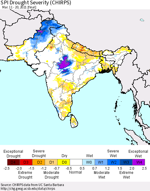 Southern Asia SPI Drought Severity (CHIRPS) Thematic Map For 3/11/2021 - 3/20/2021