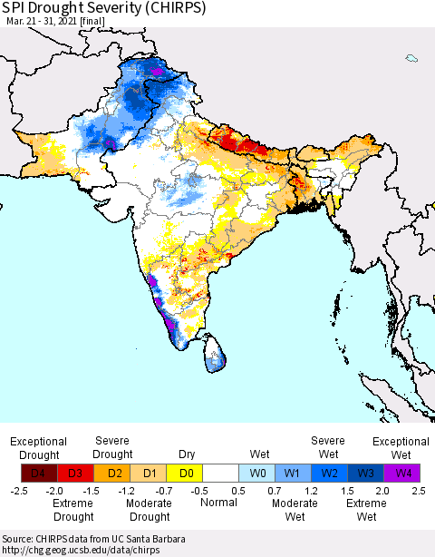 Southern Asia SPI Drought Severity (CHIRPS) Thematic Map For 3/21/2021 - 3/31/2021
