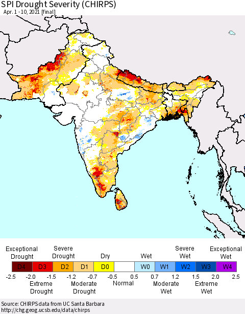 Southern Asia SPI Drought Severity (CHIRPS) Thematic Map For 4/1/2021 - 4/10/2021