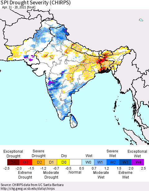 Southern Asia SPI Drought Severity (CHIRPS) Thematic Map For 4/11/2021 - 4/20/2021