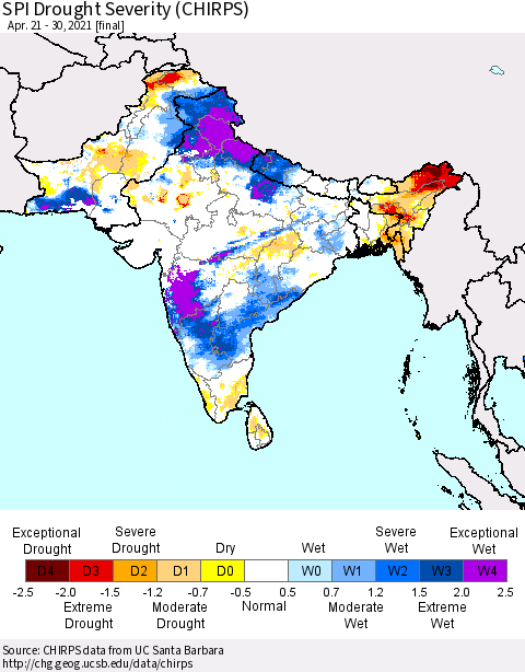 Southern Asia SPI Drought Severity (CHIRPS) Thematic Map For 4/21/2021 - 4/30/2021