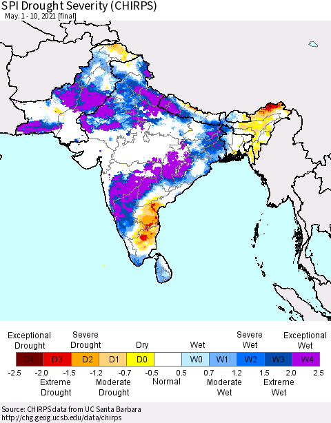 Southern Asia SPI Drought Severity (CHIRPS) Thematic Map For 5/1/2021 - 5/10/2021