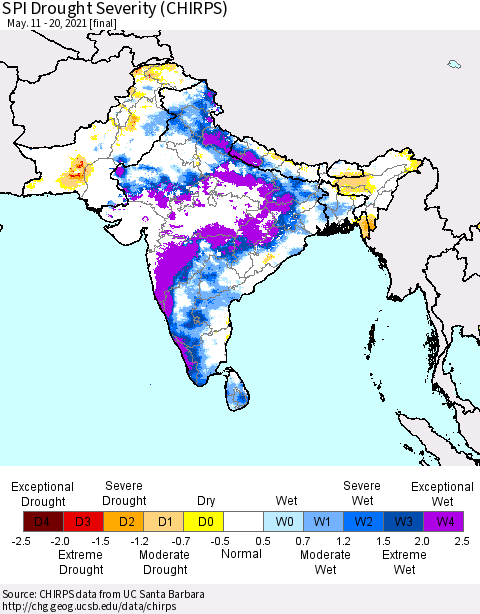 Southern Asia SPI Drought Severity (CHIRPS) Thematic Map For 5/11/2021 - 5/20/2021