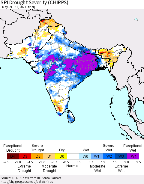 Southern Asia SPI Drought Severity (CHIRPS) Thematic Map For 5/21/2021 - 5/31/2021