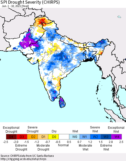 Southern Asia SPI Drought Severity (CHIRPS) Thematic Map For 6/1/2021 - 6/10/2021