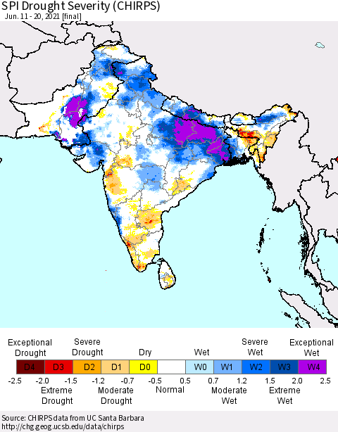 Southern Asia SPI Drought Severity (CHIRPS) Thematic Map For 6/11/2021 - 6/20/2021