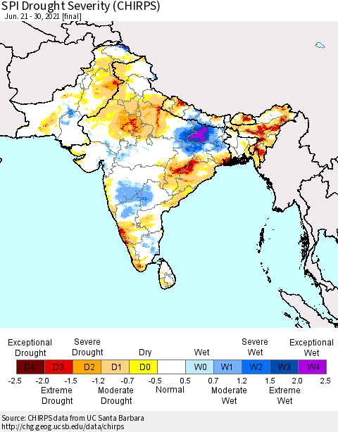 Southern Asia SPI Drought Severity (CHIRPS) Thematic Map For 6/21/2021 - 6/30/2021