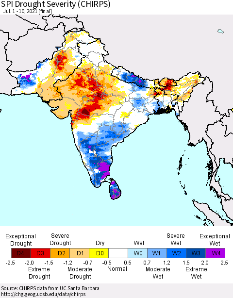 Southern Asia SPI Drought Severity (CHIRPS) Thematic Map For 7/1/2021 - 7/10/2021