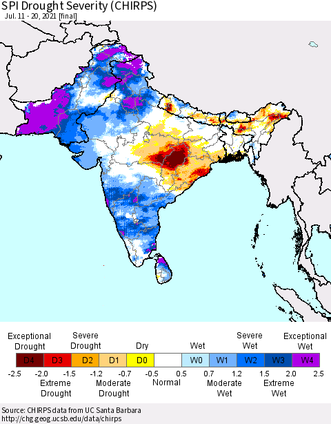 Southern Asia SPI Drought Severity (CHIRPS) Thematic Map For 7/11/2021 - 7/20/2021