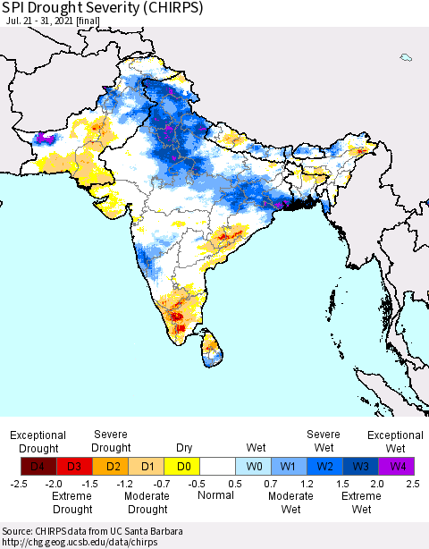 Southern Asia SPI Drought Severity (CHIRPS) Thematic Map For 7/21/2021 - 7/31/2021