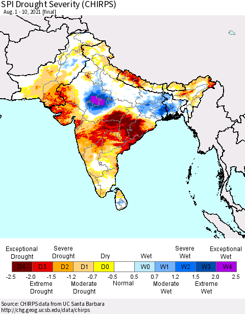 Southern Asia SPI Drought Severity (CHIRPS) Thematic Map For 8/1/2021 - 8/10/2021