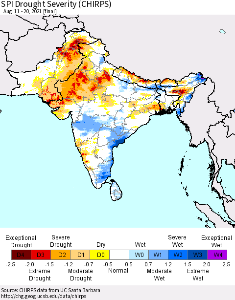 Southern Asia SPI Drought Severity (CHIRPS) Thematic Map For 8/11/2021 - 8/20/2021