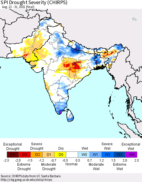 Southern Asia SPI Drought Severity (CHIRPS) Thematic Map For 8/21/2021 - 8/31/2021