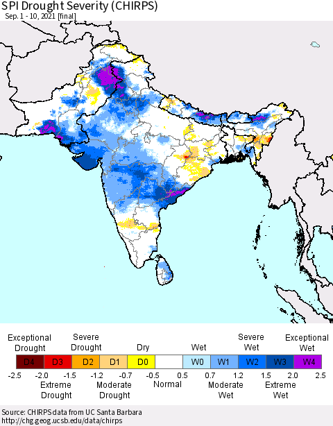 Southern Asia SPI Drought Severity (CHIRPS) Thematic Map For 9/1/2021 - 9/10/2021
