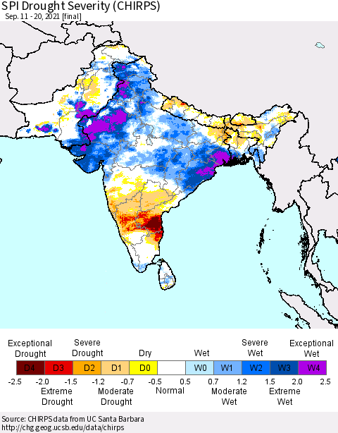 Southern Asia SPI Drought Severity (CHIRPS) Thematic Map For 9/11/2021 - 9/20/2021
