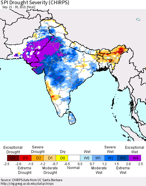 Southern Asia SPI Drought Severity (CHIRPS) Thematic Map For 9/21/2021 - 9/30/2021