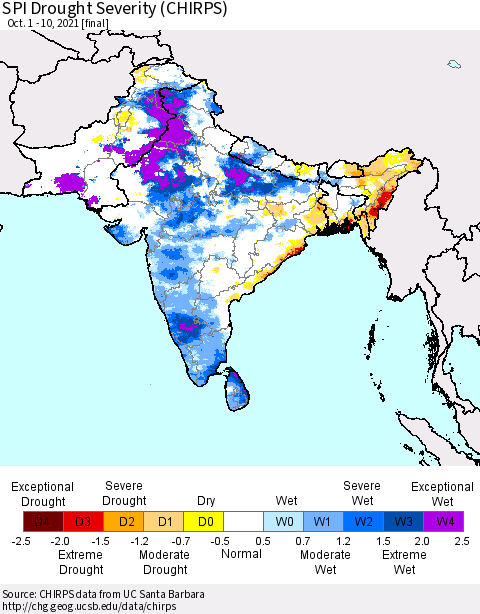 Southern Asia SPI Drought Severity (CHIRPS) Thematic Map For 10/1/2021 - 10/10/2021