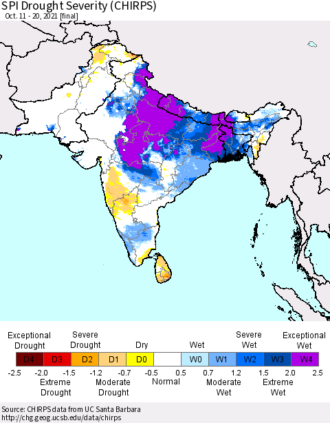 Southern Asia SPI Drought Severity (CHIRPS) Thematic Map For 10/11/2021 - 10/20/2021