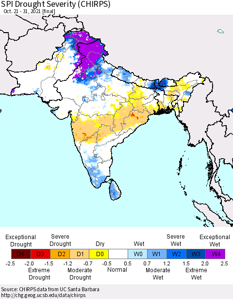 Southern Asia SPI Drought Severity (CHIRPS) Thematic Map For 10/21/2021 - 10/31/2021