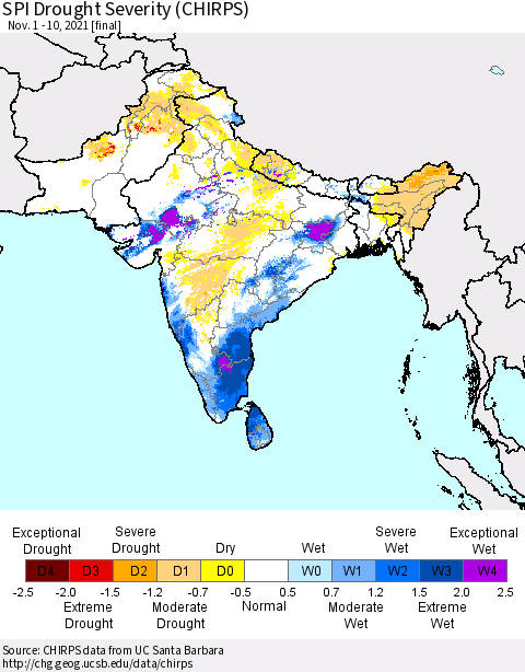 Southern Asia SPI Drought Severity (CHIRPS) Thematic Map For 11/1/2021 - 11/10/2021