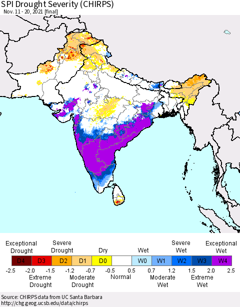 Southern Asia SPI Drought Severity (CHIRPS) Thematic Map For 11/11/2021 - 11/20/2021