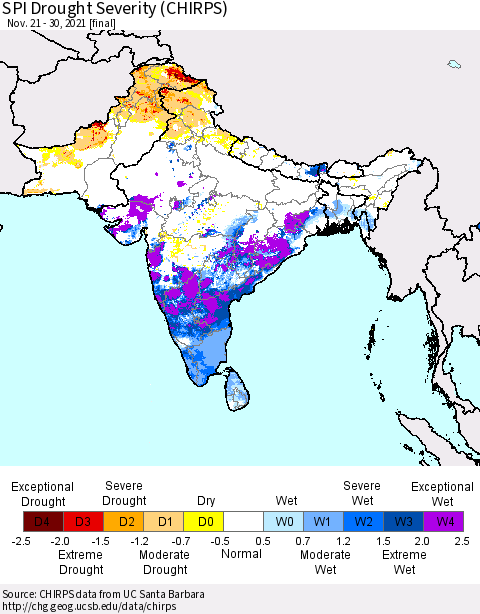 Southern Asia SPI Drought Severity (CHIRPS) Thematic Map For 11/21/2021 - 11/30/2021