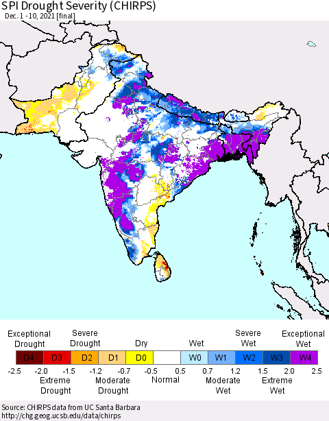 Southern Asia SPI Drought Severity (CHIRPS) Thematic Map For 12/1/2021 - 12/10/2021