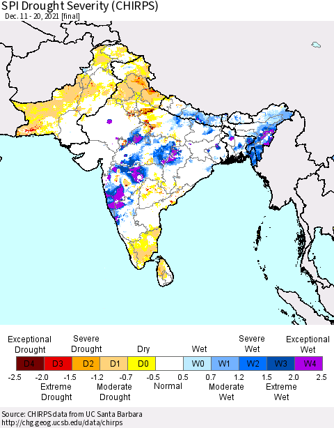 Southern Asia SPI Drought Severity (CHIRPS) Thematic Map For 12/11/2021 - 12/20/2021