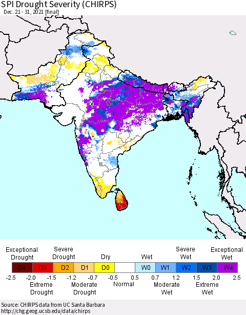 Southern Asia SPI Drought Severity (CHIRPS) Thematic Map For 12/21/2021 - 12/31/2021