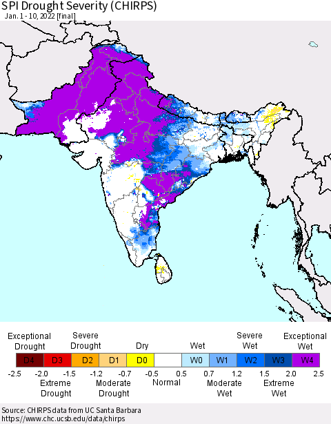 Southern Asia SPI Drought Severity (CHIRPS) Thematic Map For 1/1/2022 - 1/10/2022
