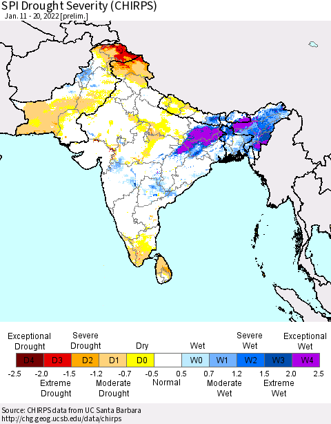 Southern Asia SPI Drought Severity (CHIRPS) Thematic Map For 1/11/2022 - 1/20/2022