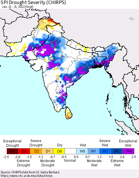 Southern Asia SPI Drought Severity (CHIRPS) Thematic Map For 1/21/2022 - 1/31/2022