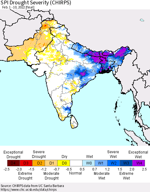 Southern Asia SPI Drought Severity (CHIRPS) Thematic Map For 2/1/2022 - 2/10/2022