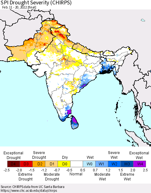 Southern Asia SPI Drought Severity (CHIRPS) Thematic Map For 2/11/2022 - 2/20/2022