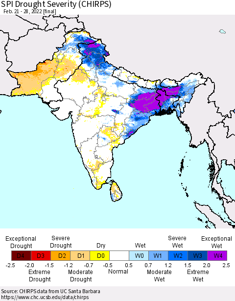 Southern Asia SPI Drought Severity (CHIRPS) Thematic Map For 2/21/2022 - 2/28/2022