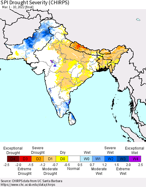 Southern Asia SPI Drought Severity (CHIRPS) Thematic Map For 3/1/2022 - 3/10/2022