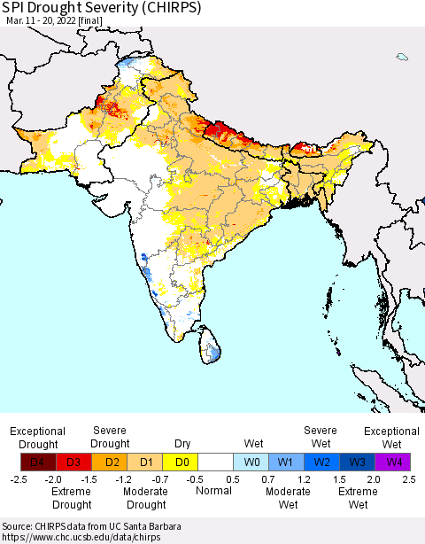 Southern Asia SPI Drought Severity (CHIRPS) Thematic Map For 3/11/2022 - 3/20/2022