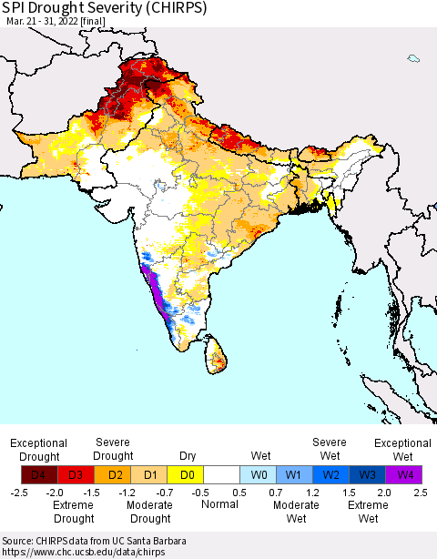 Southern Asia SPI Drought Severity (CHIRPS) Thematic Map For 3/21/2022 - 3/31/2022