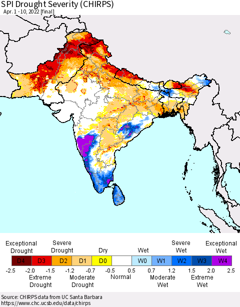 Southern Asia SPI Drought Severity (CHIRPS) Thematic Map For 4/1/2022 - 4/10/2022