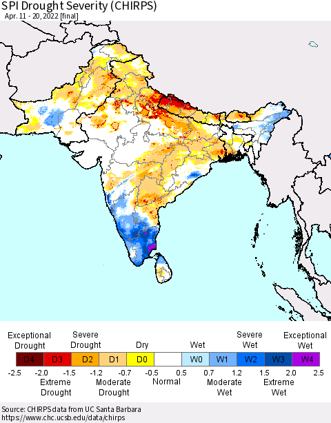 Southern Asia SPI Drought Severity (CHIRPS) Thematic Map For 4/11/2022 - 4/20/2022