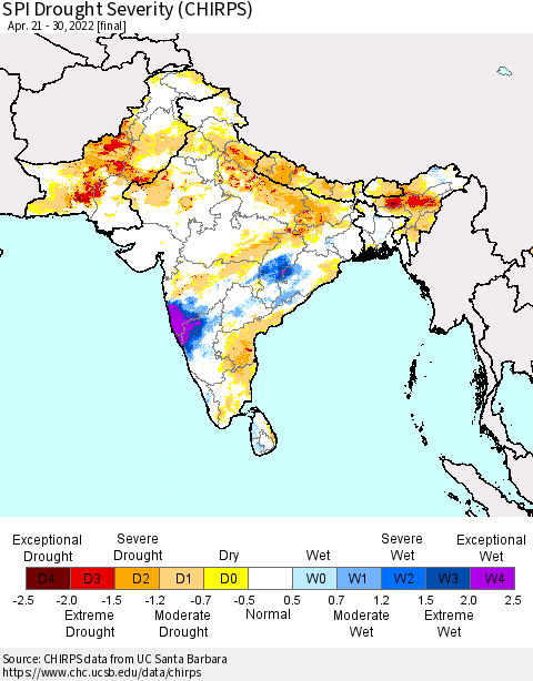 Southern Asia SPI Drought Severity (CHIRPS) Thematic Map For 4/21/2022 - 4/30/2022