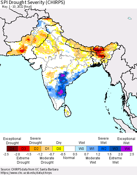 Southern Asia SPI Drought Severity (CHIRPS) Thematic Map For 5/1/2022 - 5/10/2022