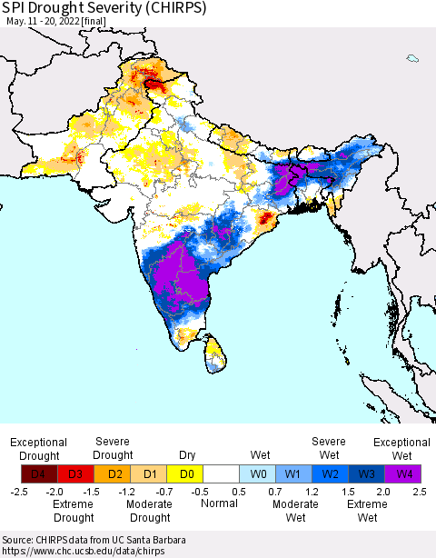 Southern Asia SPI Drought Severity (CHIRPS) Thematic Map For 5/11/2022 - 5/20/2022