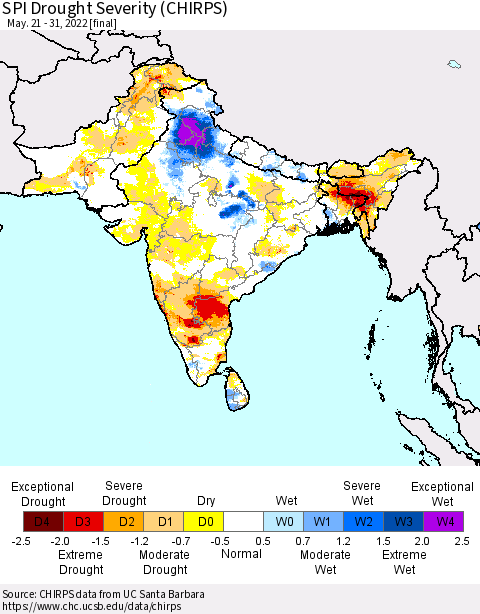 Southern Asia SPI Drought Severity (CHIRPS) Thematic Map For 5/21/2022 - 5/31/2022