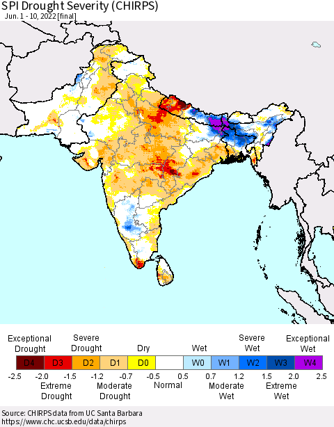 Southern Asia SPI Drought Severity (CHIRPS) Thematic Map For 6/1/2022 - 6/10/2022