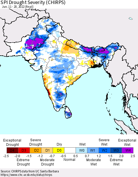 Southern Asia SPI Drought Severity (CHIRPS) Thematic Map For 6/11/2022 - 6/20/2022