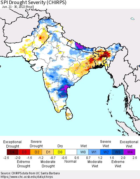 Southern Asia SPI Drought Severity (CHIRPS) Thematic Map For 6/21/2022 - 6/30/2022