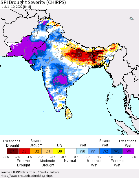 Southern Asia SPI Drought Severity (CHIRPS) Thematic Map For 7/1/2022 - 7/10/2022