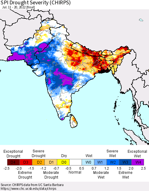Southern Asia SPI Drought Severity (CHIRPS) Thematic Map For 7/11/2022 - 7/20/2022